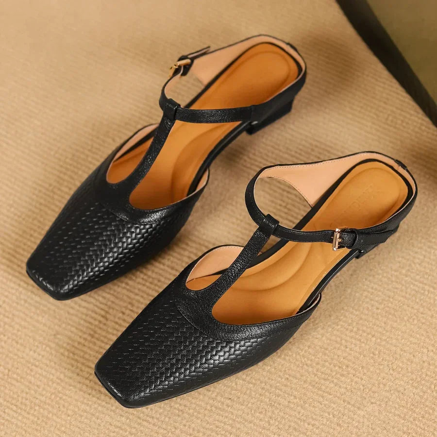 Birte | Woven Square Toe T Strap Slingback Heels