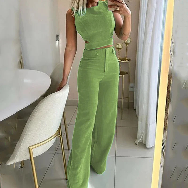 Alwinea - Sleeveless Crop Top Wide Leg Trousers Set