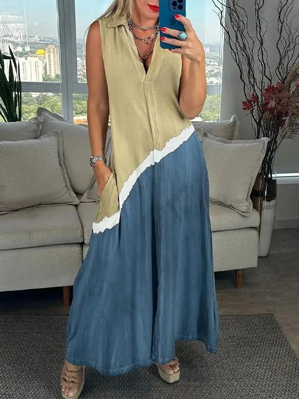 Meleana | Sleeveless Color Block V-Neck Maxi Dress