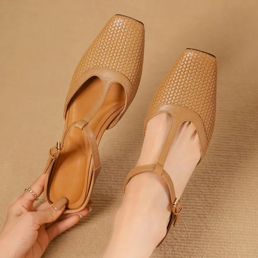 Birte | Woven Square Toe T Strap Slingback Heels