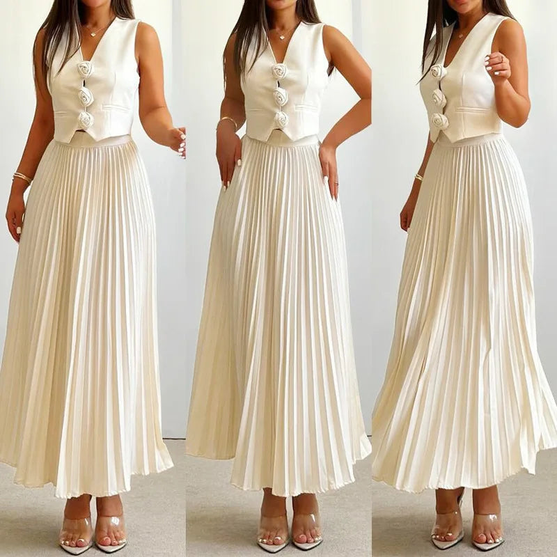 Beyza - Sleeveless V Neck Pleated Two Piece Set