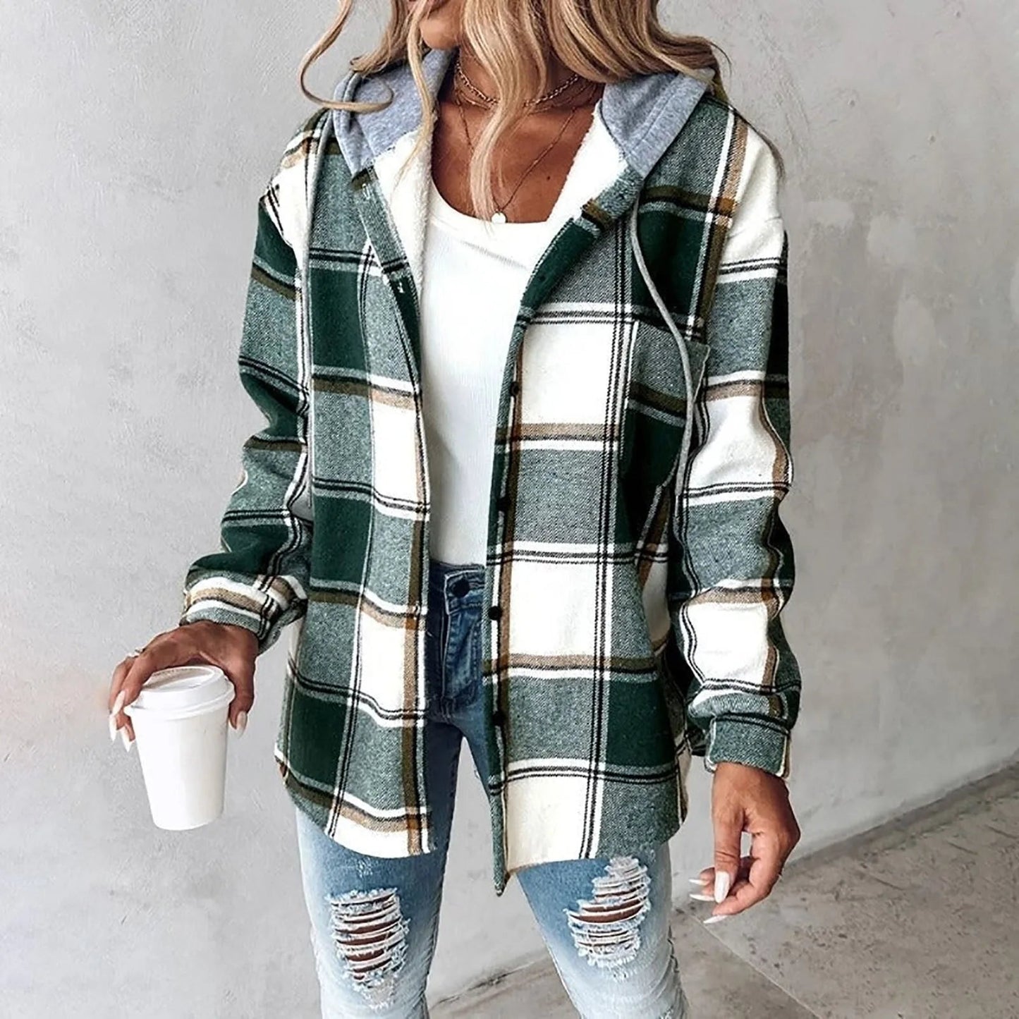 Katherina | Hooded Long Sleeve Plaid Shirt Jacket
