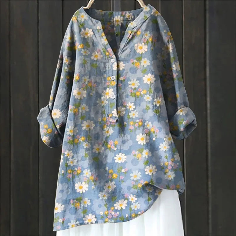 Jovita - Floral Print Button Front Long Sleeve Blouse