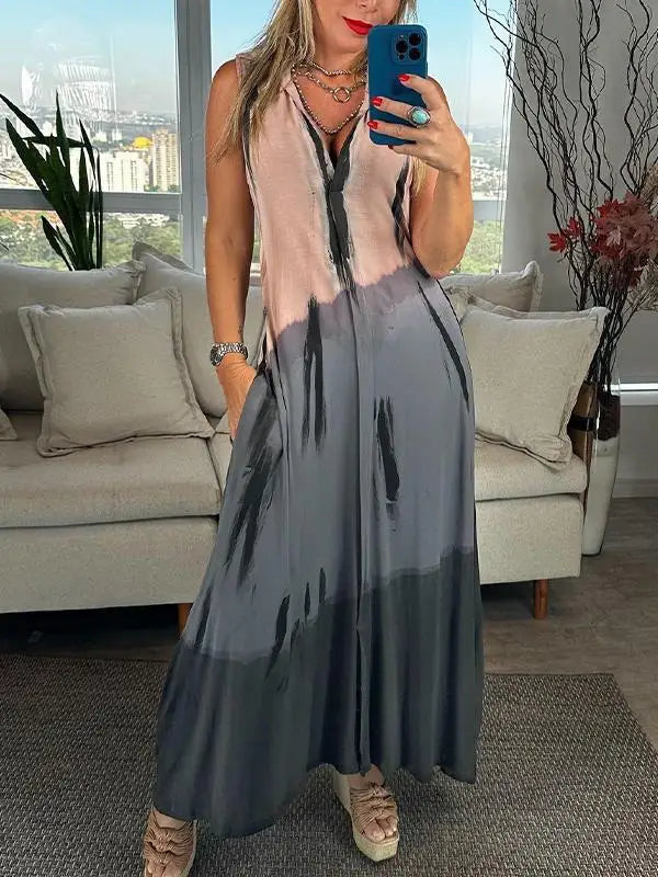Meleana | Sleeveless Color Block V-Neck Maxi Dress