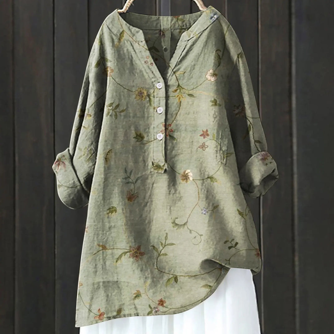 Jovita - Floral Print Button Front Long Sleeve Blouse