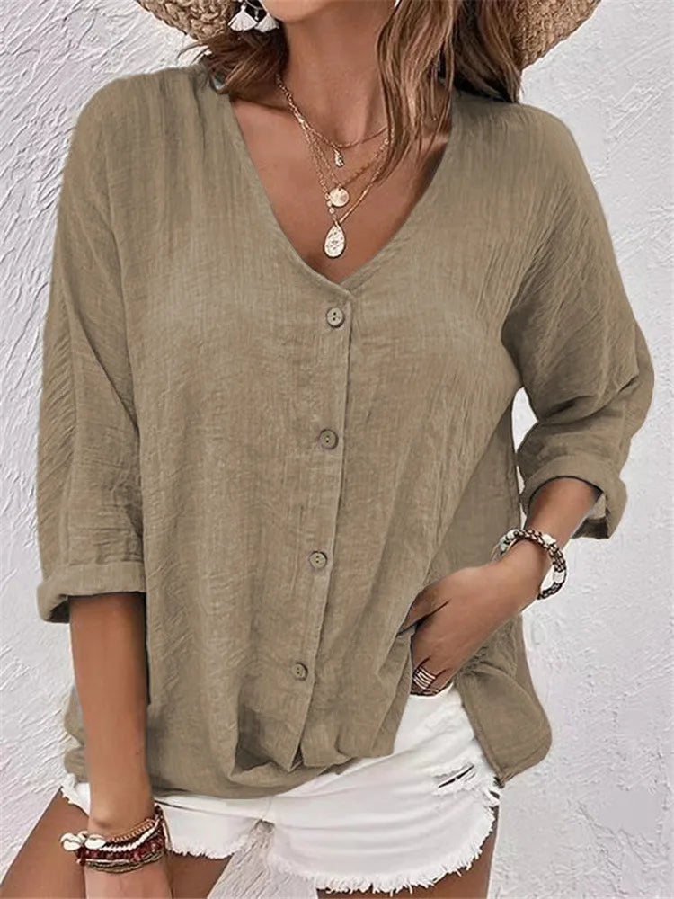 Rosalinda - V Neck Button Front Linen Blouse