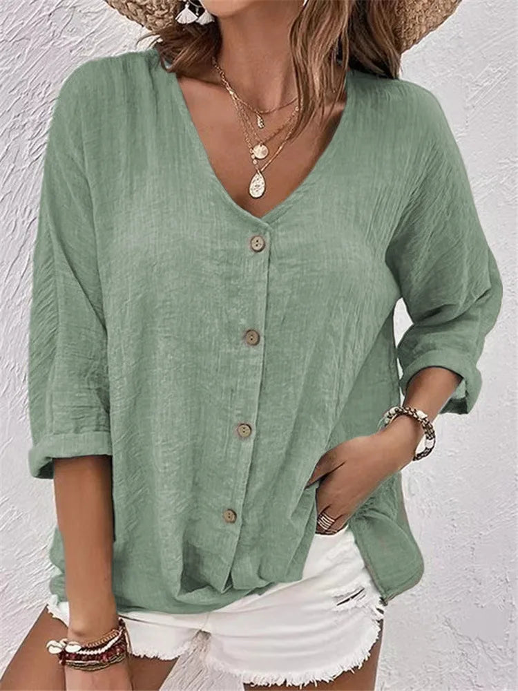 Rosalinda - V Neck Button Front Linen Blouse
