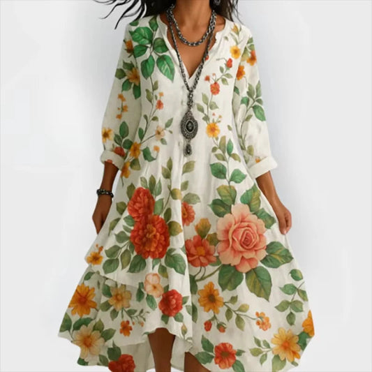 Shanae | Floral Print V Neck Midi Dress