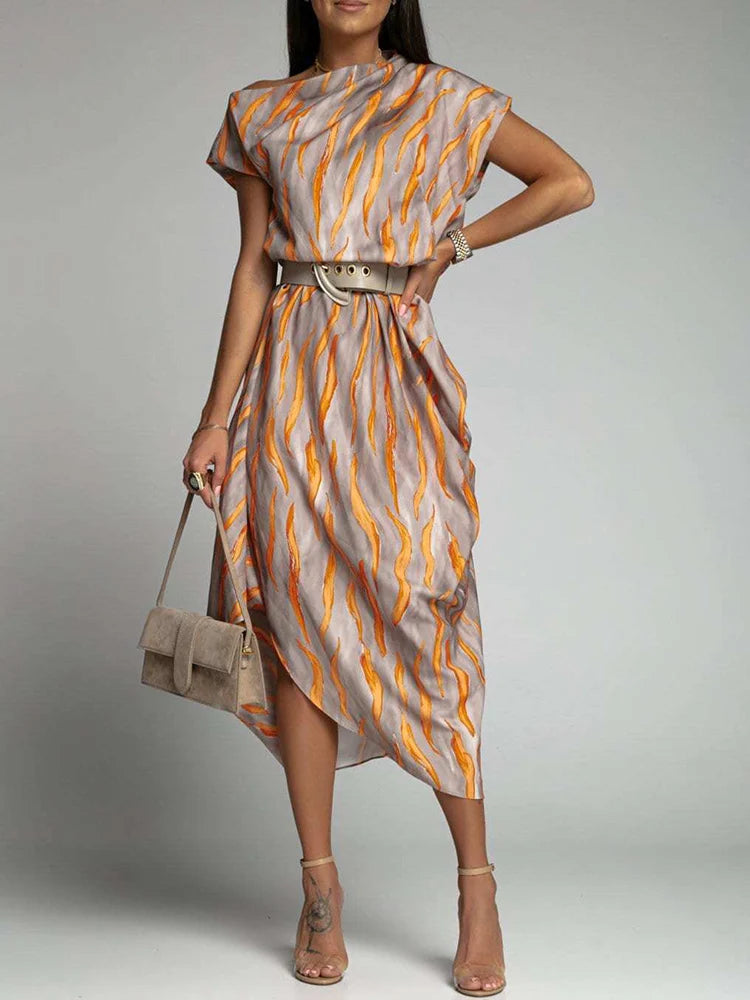 Angie - Asymmetric Printed Midi Dress Belted