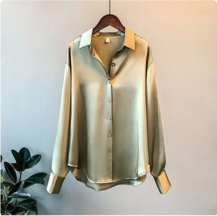 Adelinde | Satin Style Button Front Long Sleeve Shirt