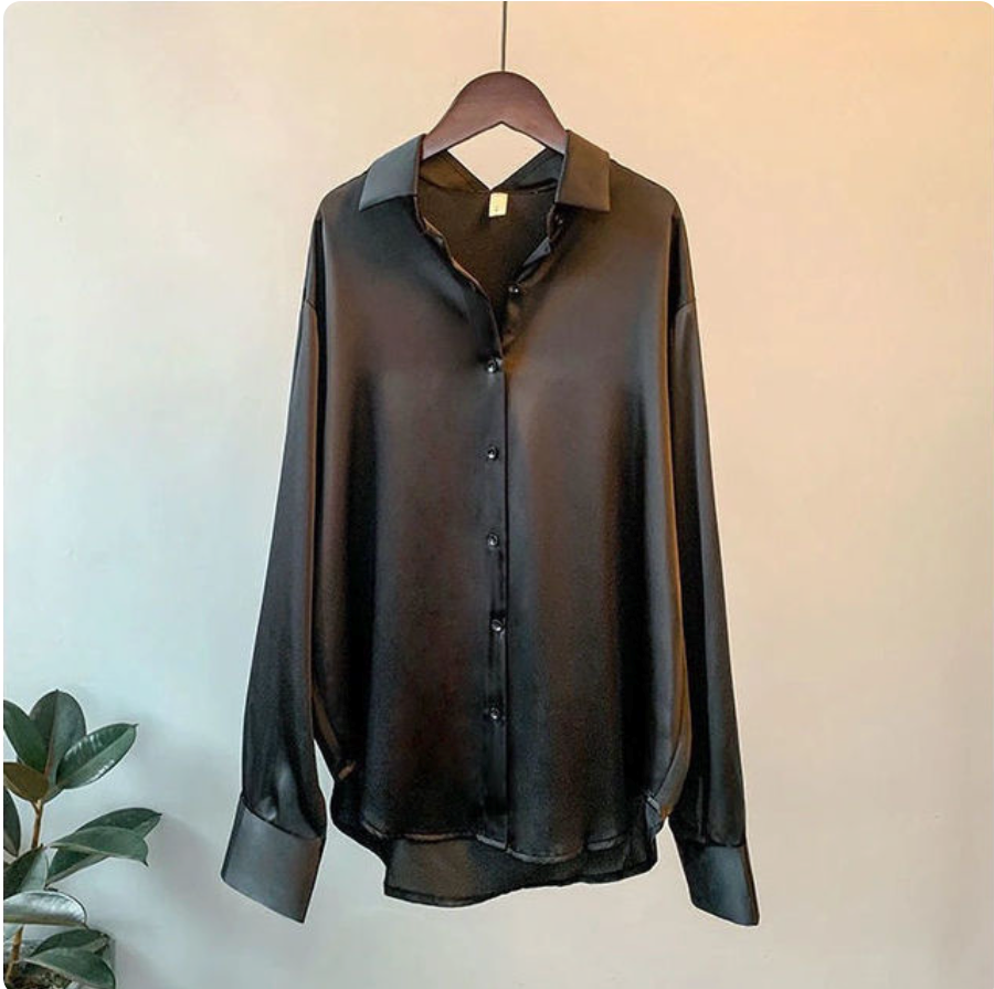 Adelinde | Satin Style Button Front Long Sleeve Shirt