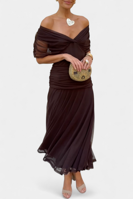 Lordanka | Off Shoulder Ruched Midi Evening Dress