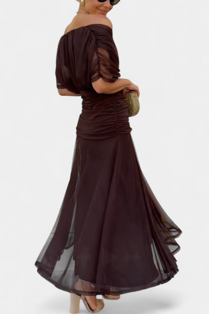 Lordanka | Off Shoulder Ruched Midi Evening Dress