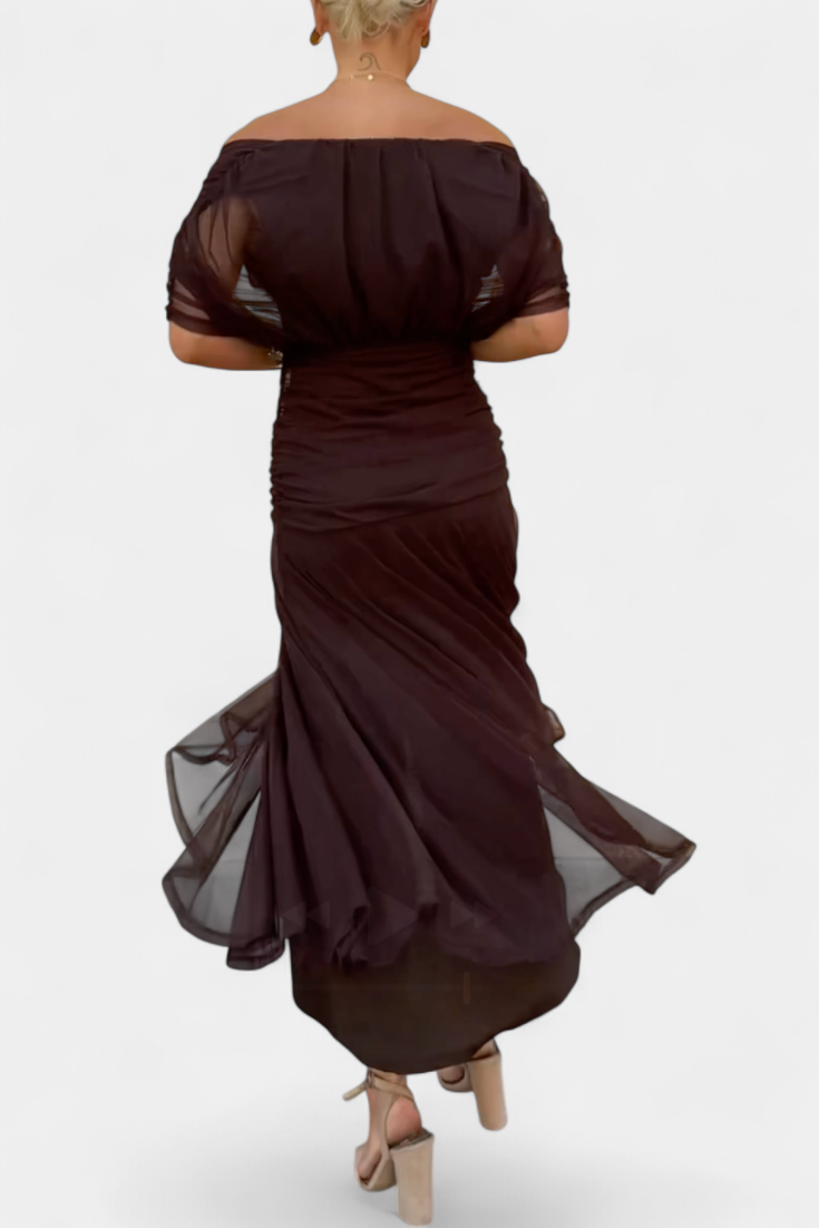 Lordanka | Off Shoulder Ruched Midi Evening Dress