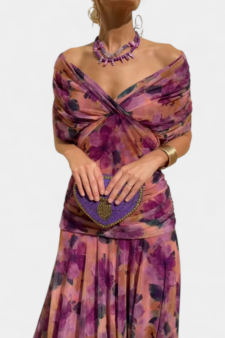 Lordanka | Off Shoulder Ruched Midi Evening Dress