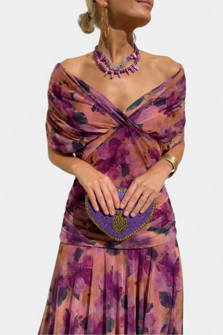 Lordanka | Off Shoulder Ruched Midi Evening Dress