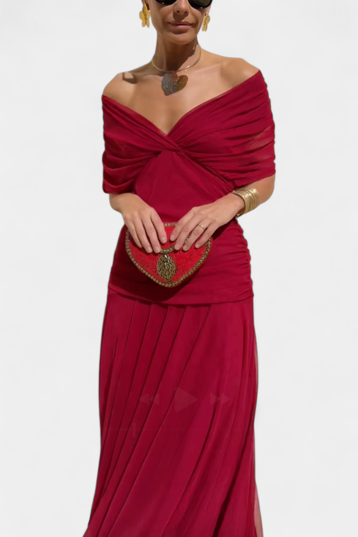 Lordanka | Off Shoulder Ruched Midi Evening Dress