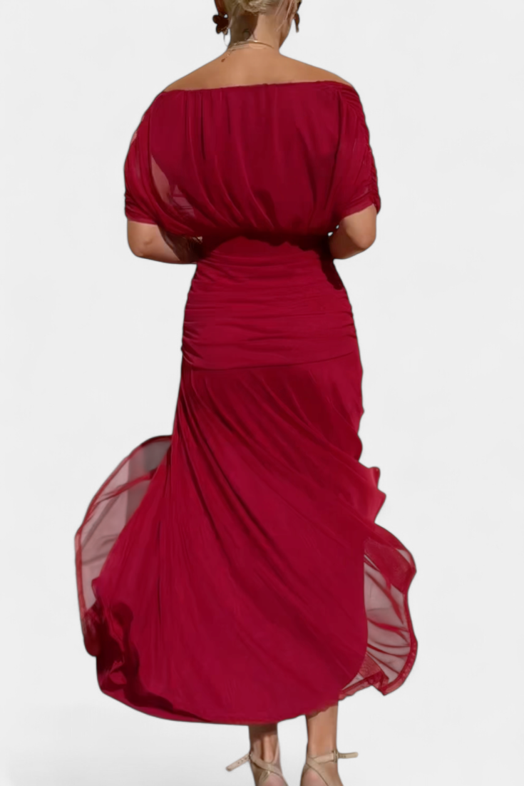 Lordanka | Off Shoulder Ruched Midi Evening Dress