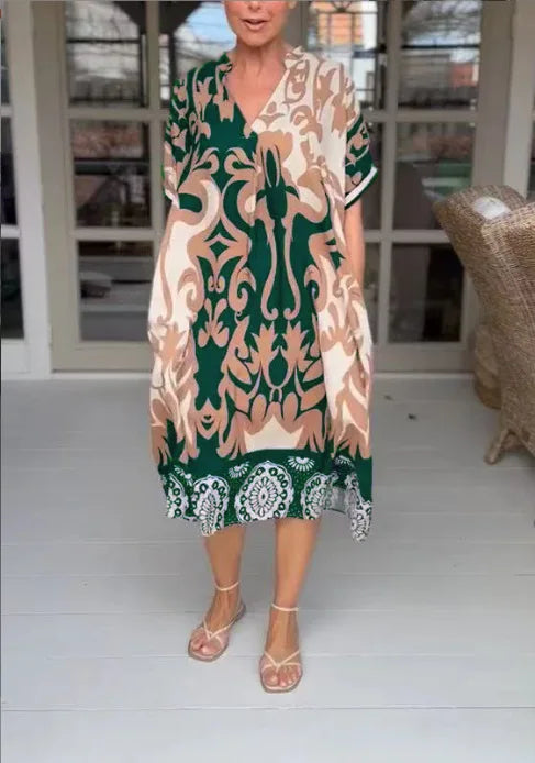 Rilana | Printed V Neck Loose Midi Dress
