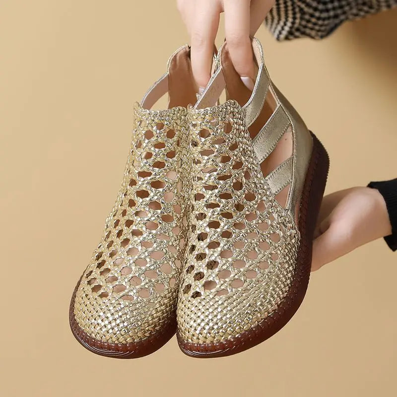 Leolia | Woven Cutout Ankle Flat Shoes