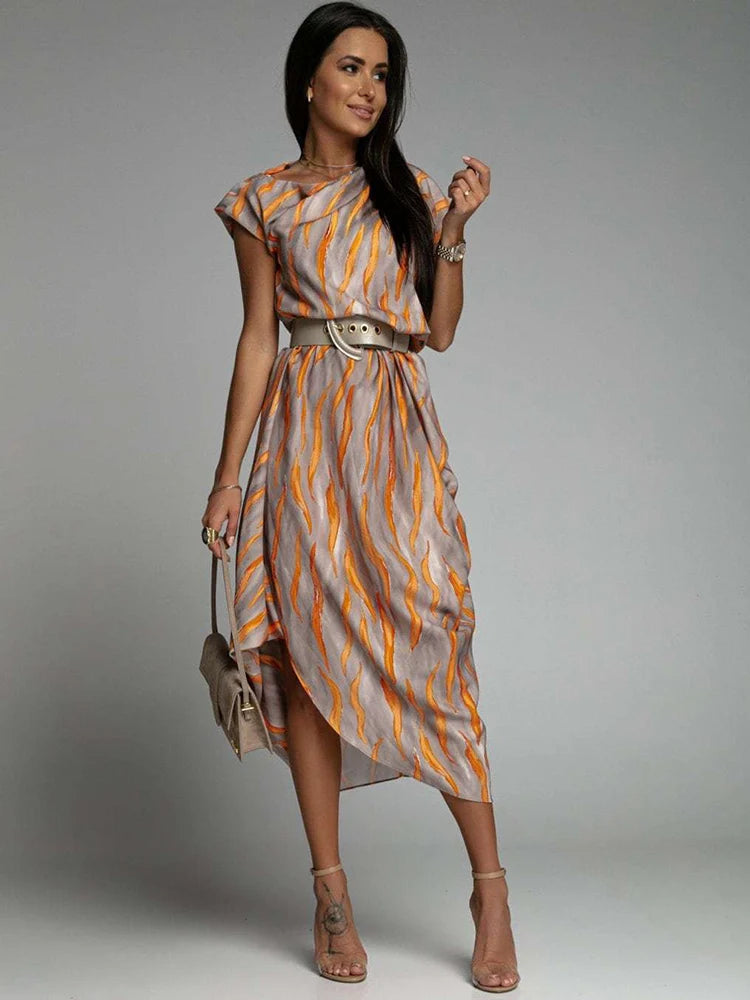 Angie - Asymmetric Printed Midi Dress Belted