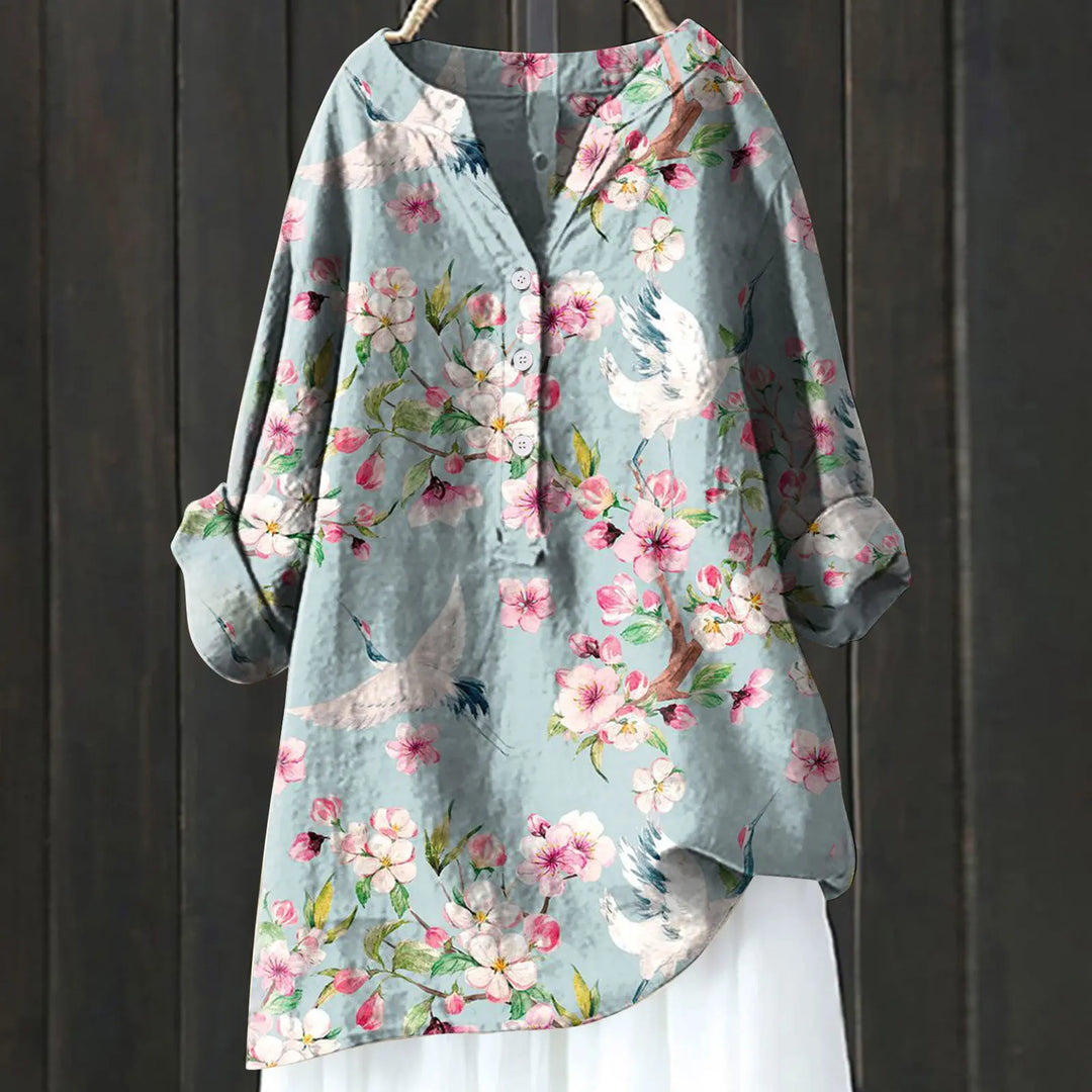 Jovita - Floral Print Button Front Long Sleeve Blouse