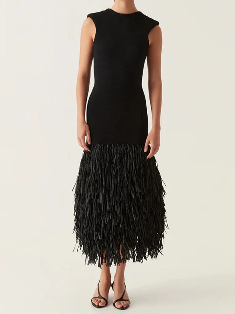 Ana | Fringed Midi Dress Sleeveless Black Fit