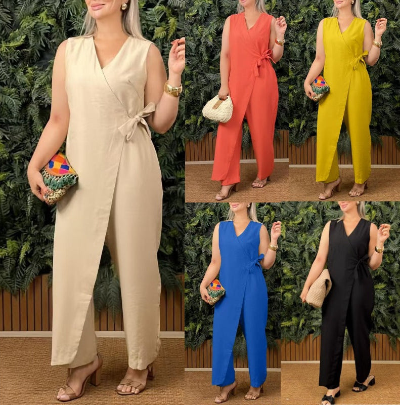 Betsy - Sleeveless Wrap Front Wide Leg Jumpsuit