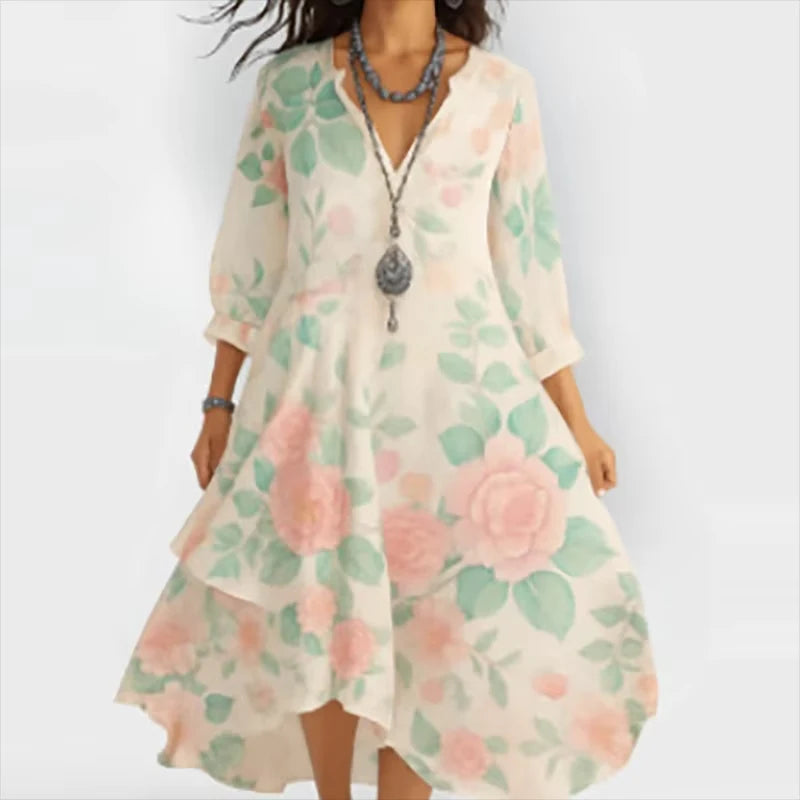 Shanae | Floral Print V Neck Midi Dress