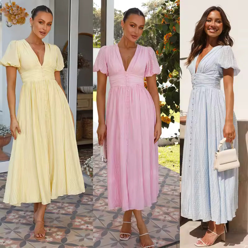 Sneja | Puff Sleeve Button Front Maxi Dress