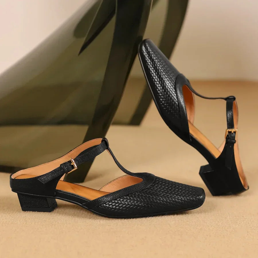 Birte | Woven Square Toe T Strap Slingback Heels