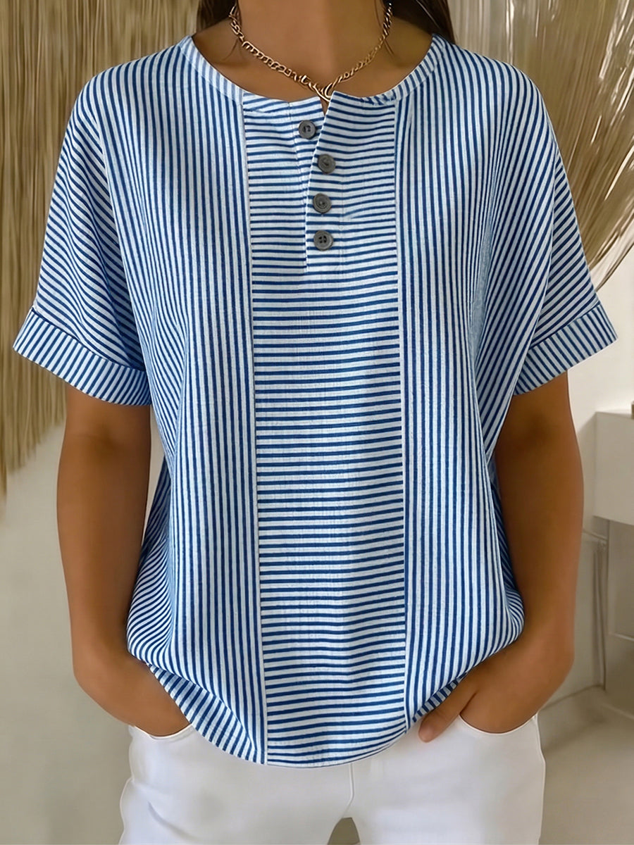 Ilenia - Striped Short Sleeve Button Front Top