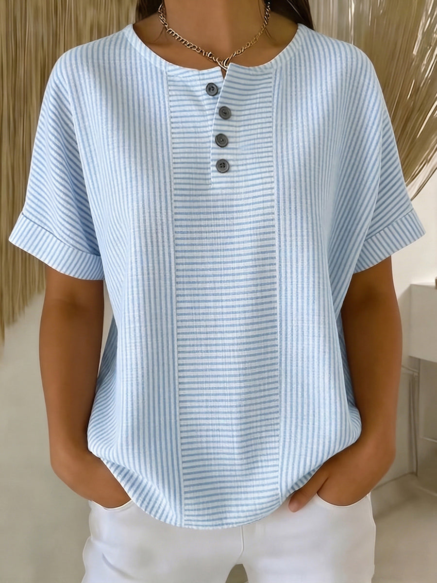 Ilenia - Striped Short Sleeve Button Front Top