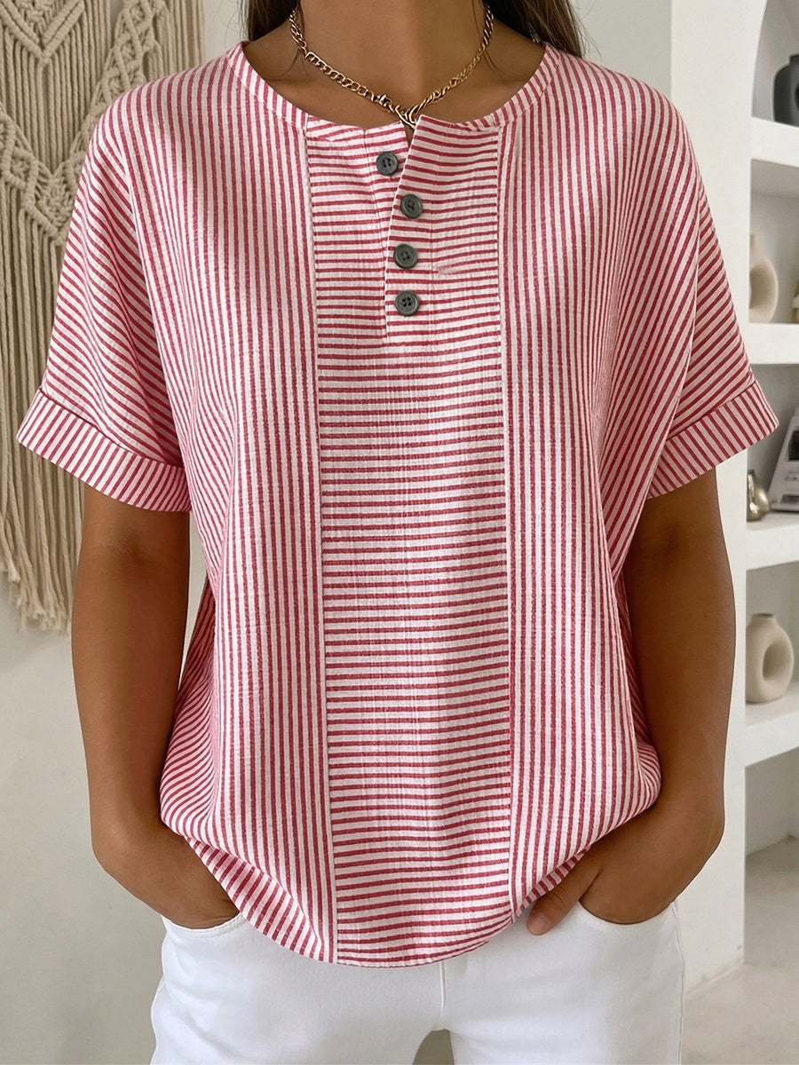 Ilenia - Striped Short Sleeve Button Front Top