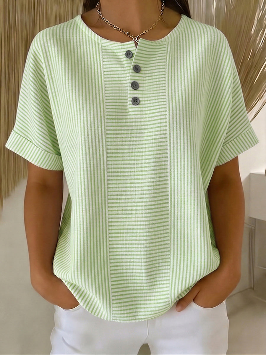 Ilenia - Striped Short Sleeve Button Front Top