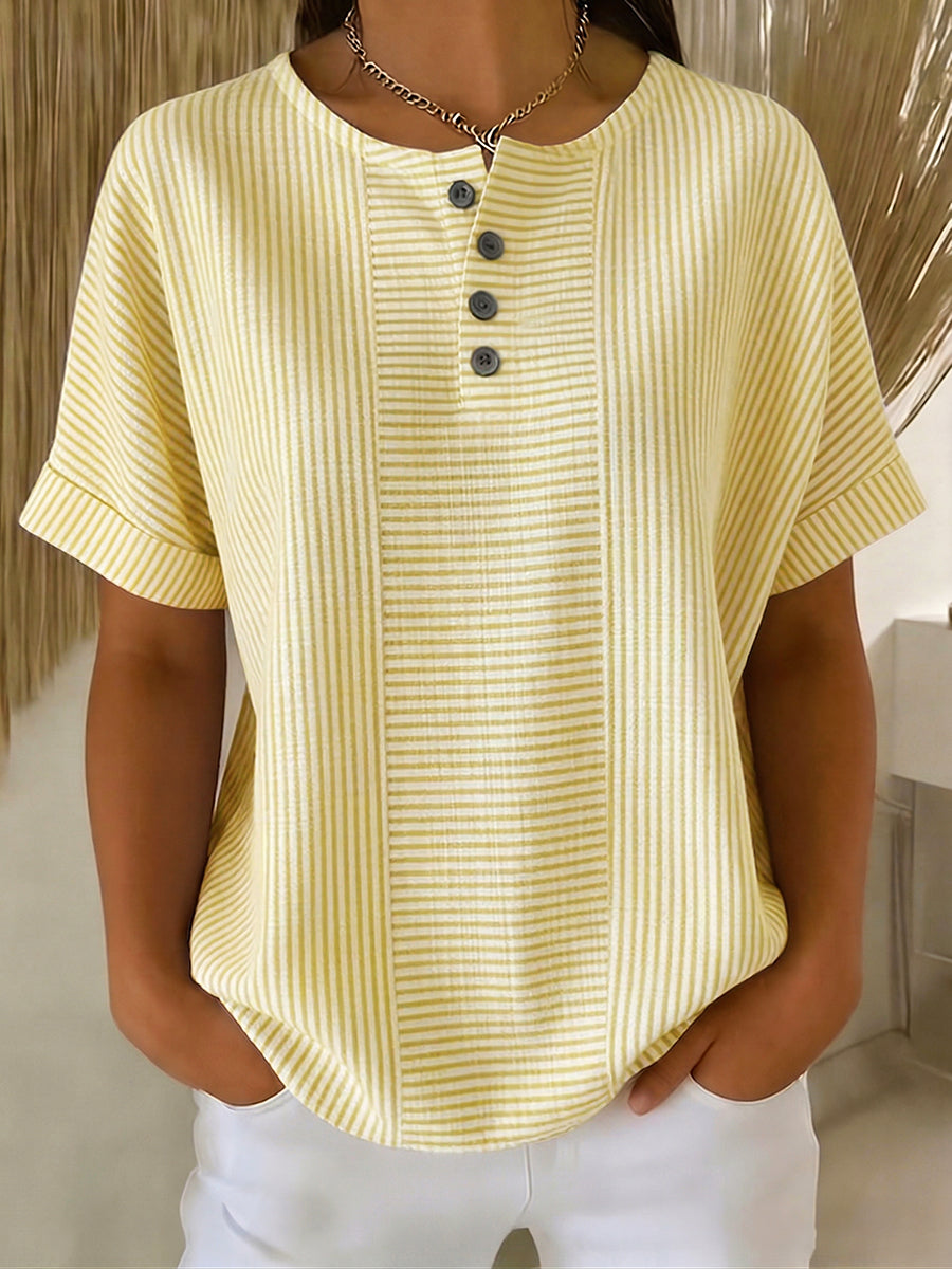 Ilenia - Striped Short Sleeve Button Front Top