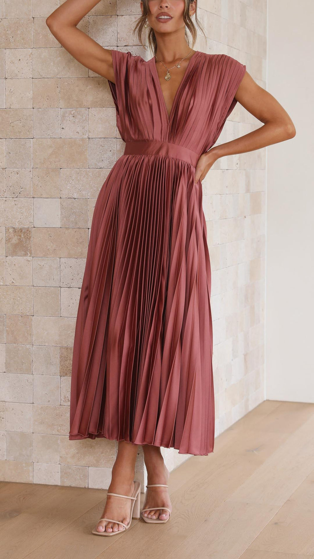 Iria | Pleated V Neck Midi Dress