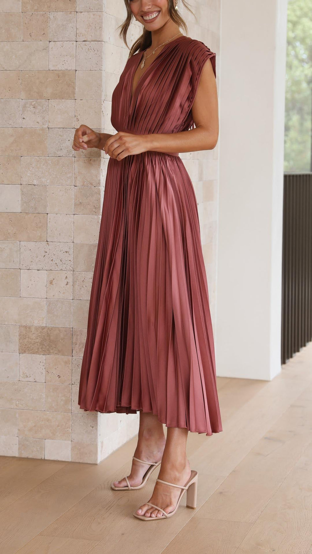 Iria | Pleated V Neck Midi Dress