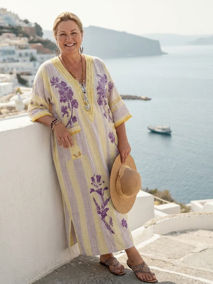 Feryana | Floral Print V-Neck Kaftan Maxi  Dress