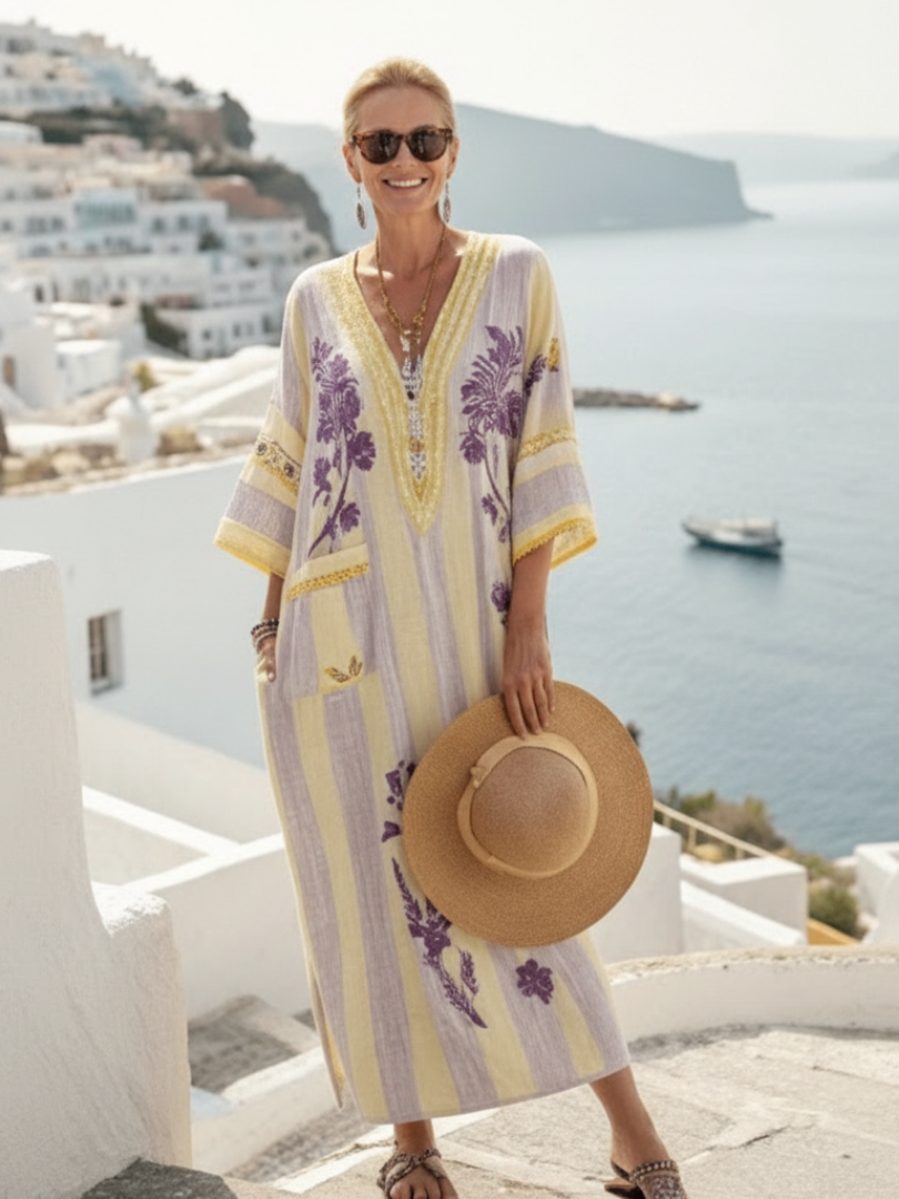Feryana | Floral Print V-Neck Kaftan Maxi  Dress