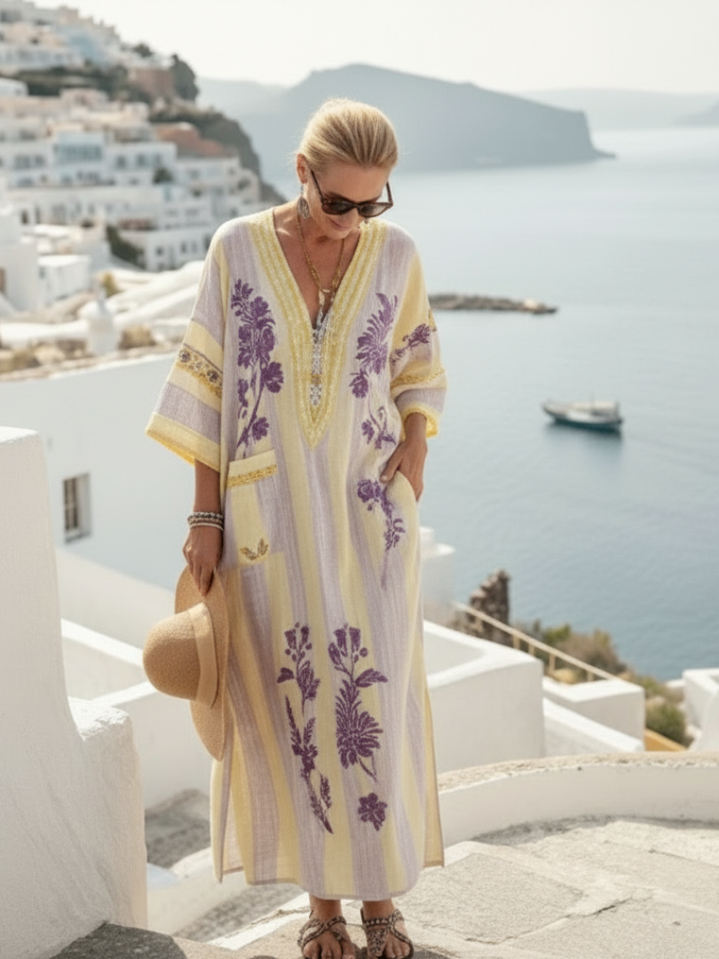Feryana | Floral Print V-Neck Kaftan Maxi  Dress