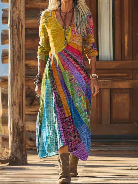 Rashmika | Patchwork V-Neck Long Sleeve Maxi Dress