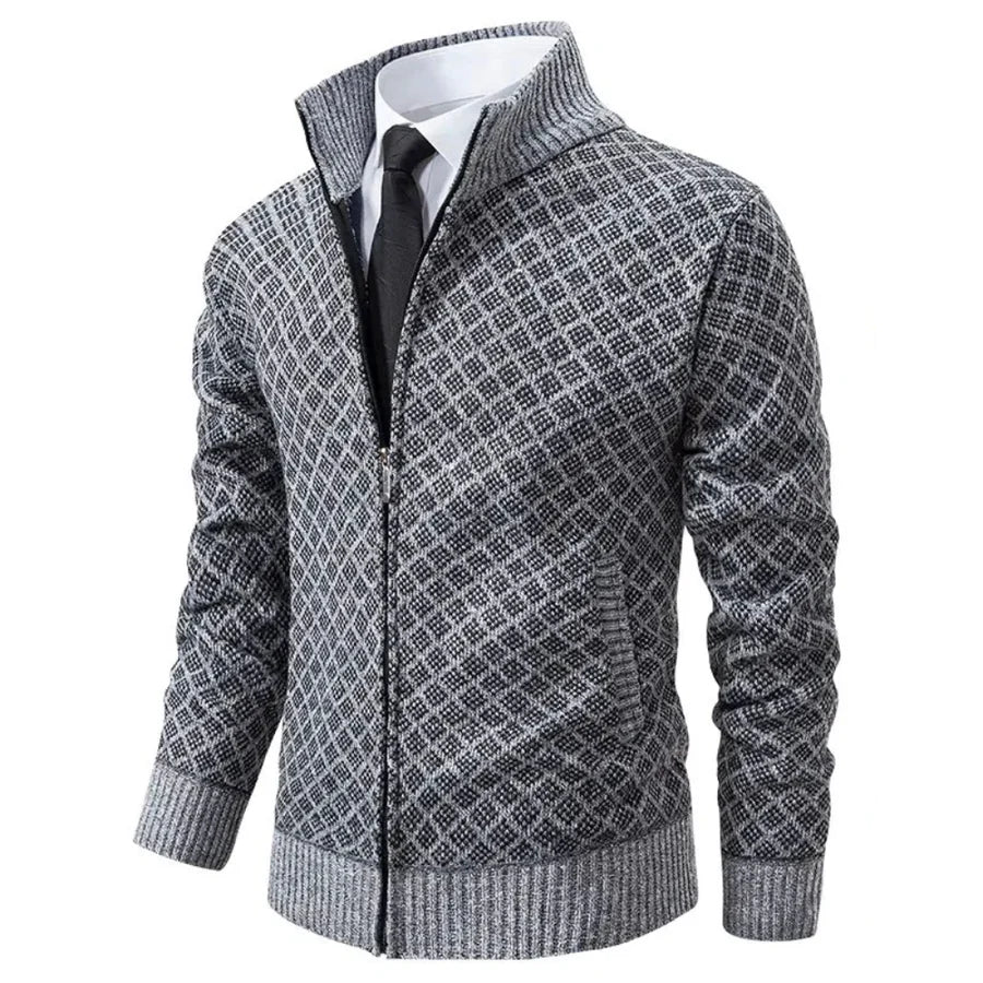 Klarik | Full-Zip Diamond Pattern Knit Cardigan
