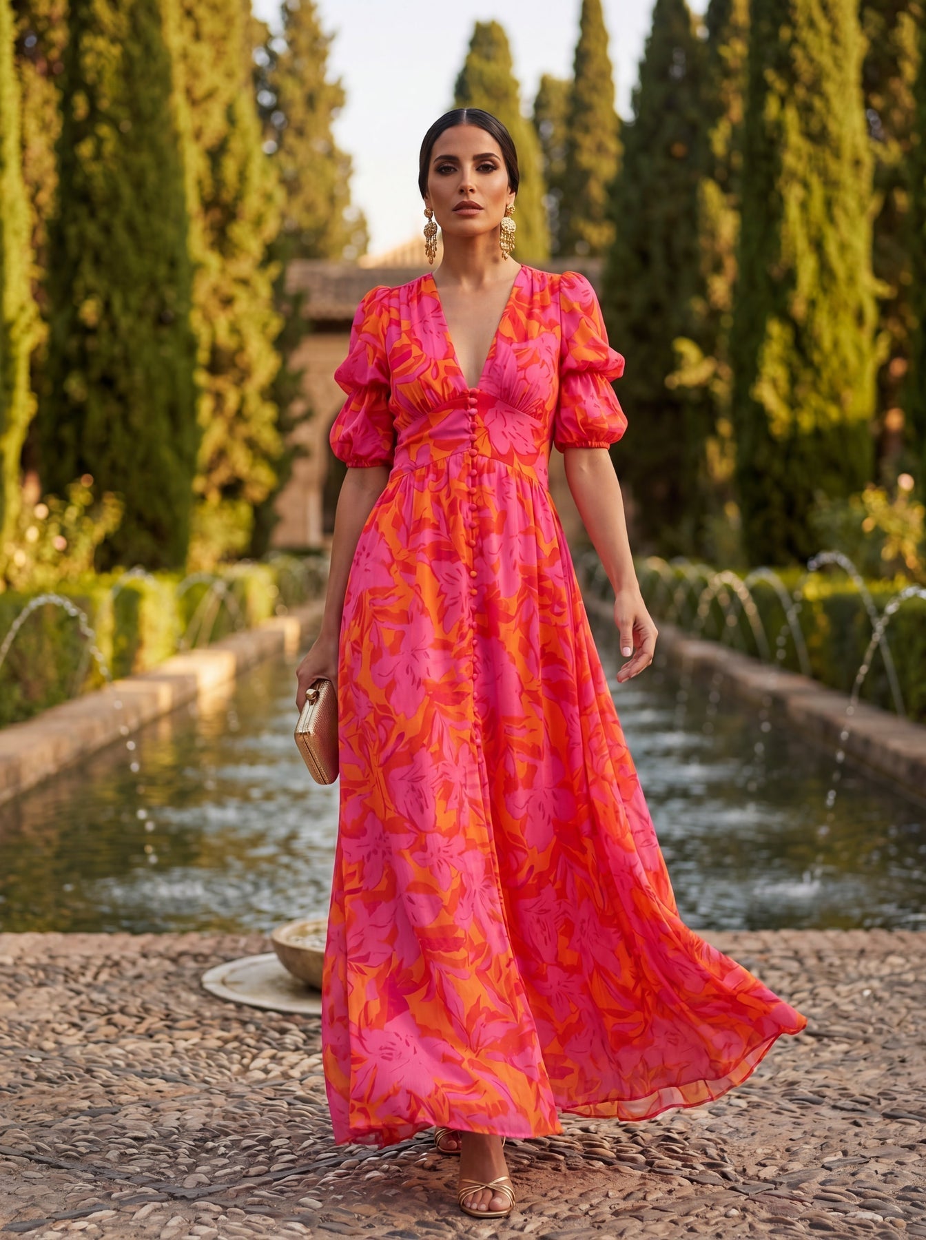 Zinnia | Maxi Dress Floral V Neck Puff Sleeve