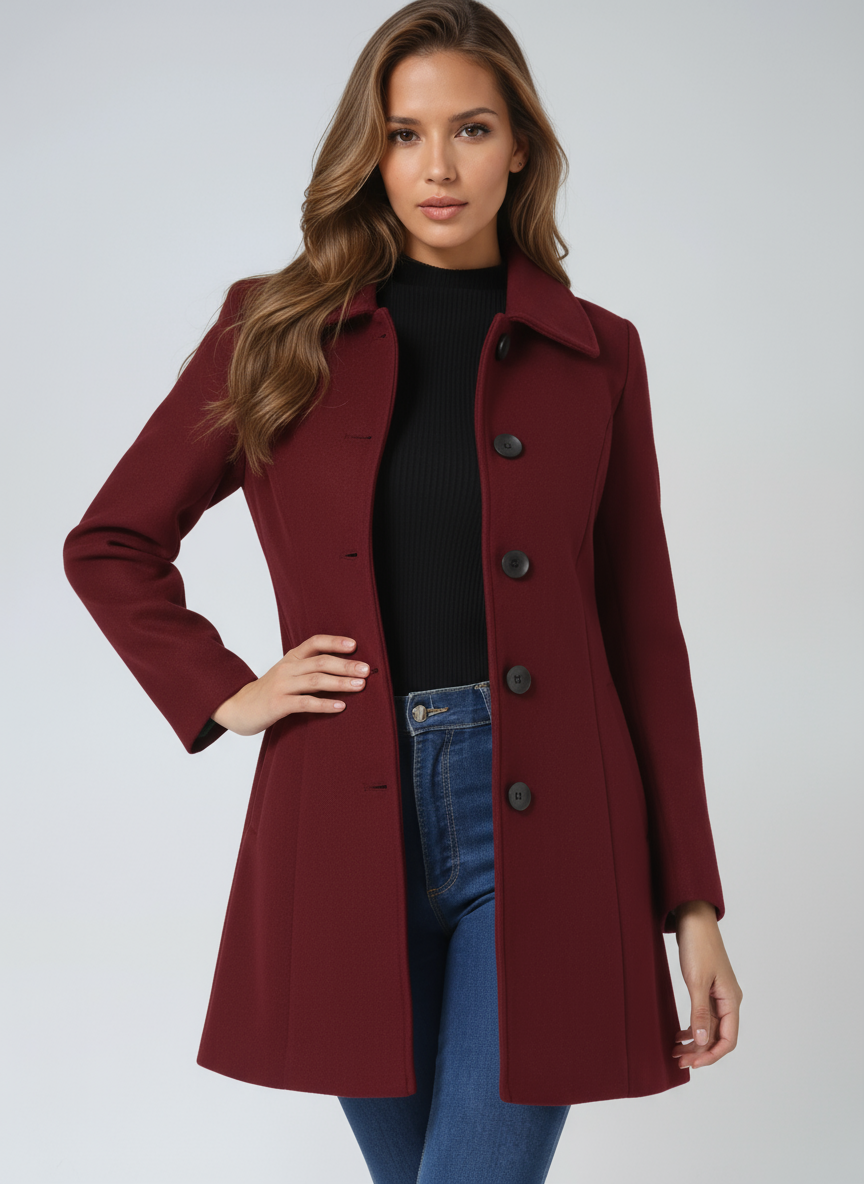 Reyna | Coat Black Notched Collar Button-Front Long-Sleeve