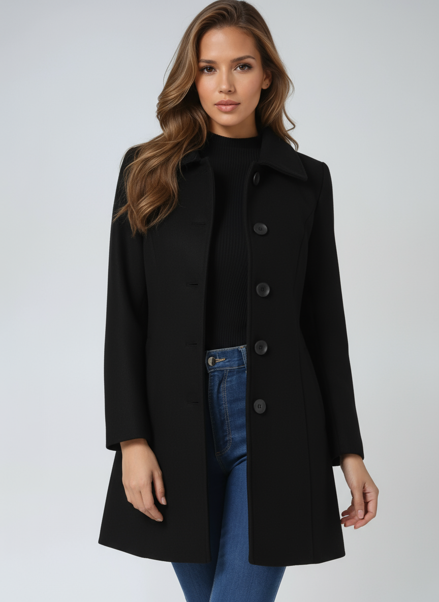 Reyna | Coat Black Notched Collar Button-Front Long-Sleeve