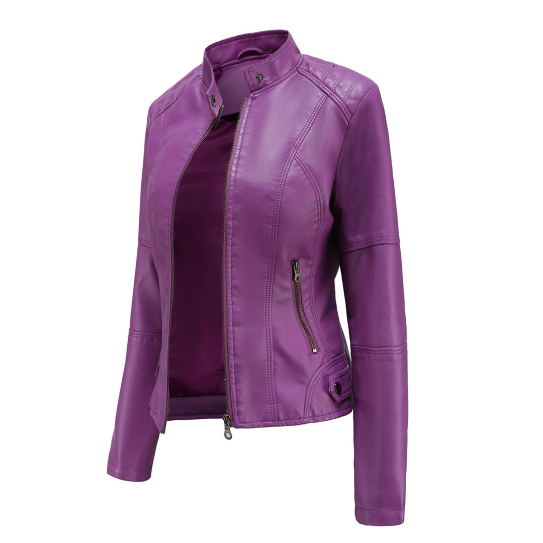 Hanneke | Faux Leather Stand Collar Zip Jacket