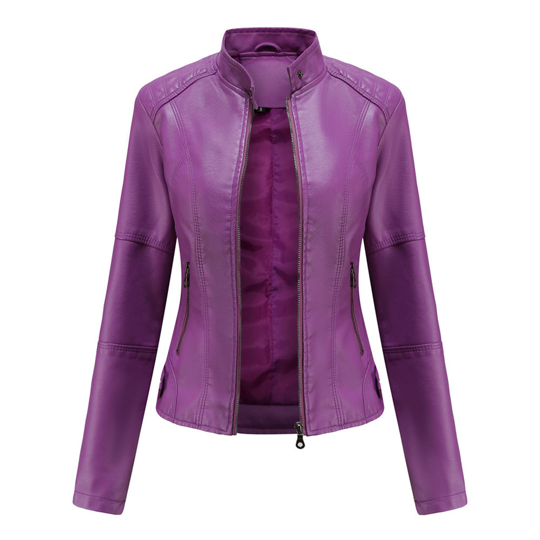 Hanneke | Faux Leather Stand Collar Zip Jacket