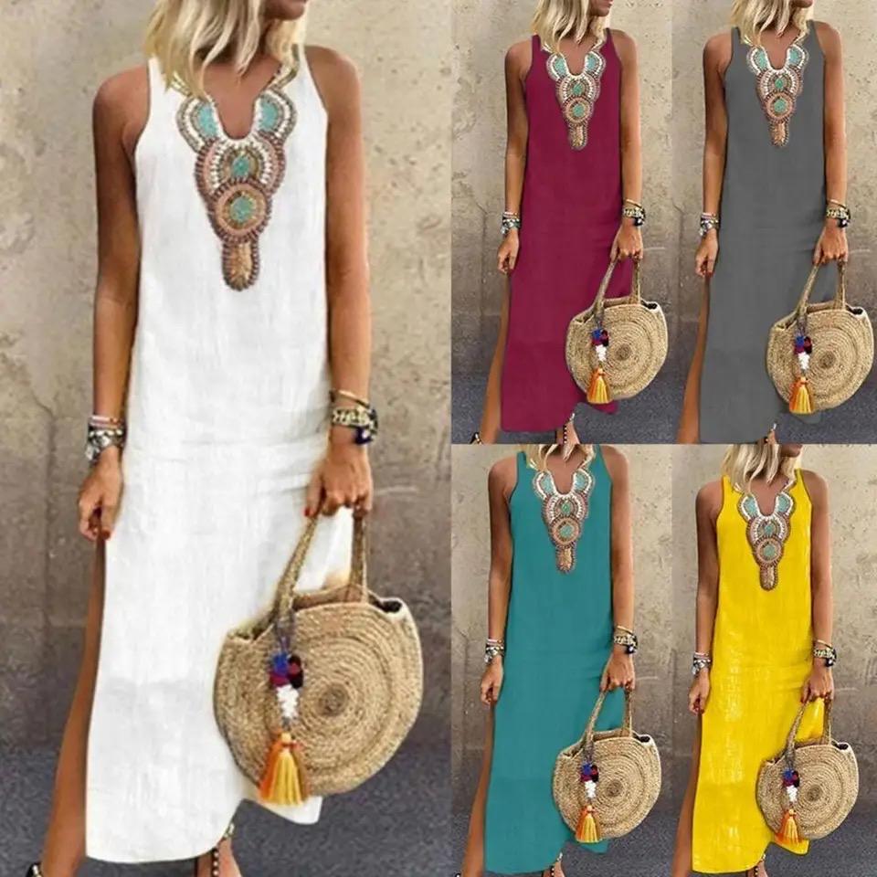 Sujin | Sleeveless Embroidered Neck Maxi Dress