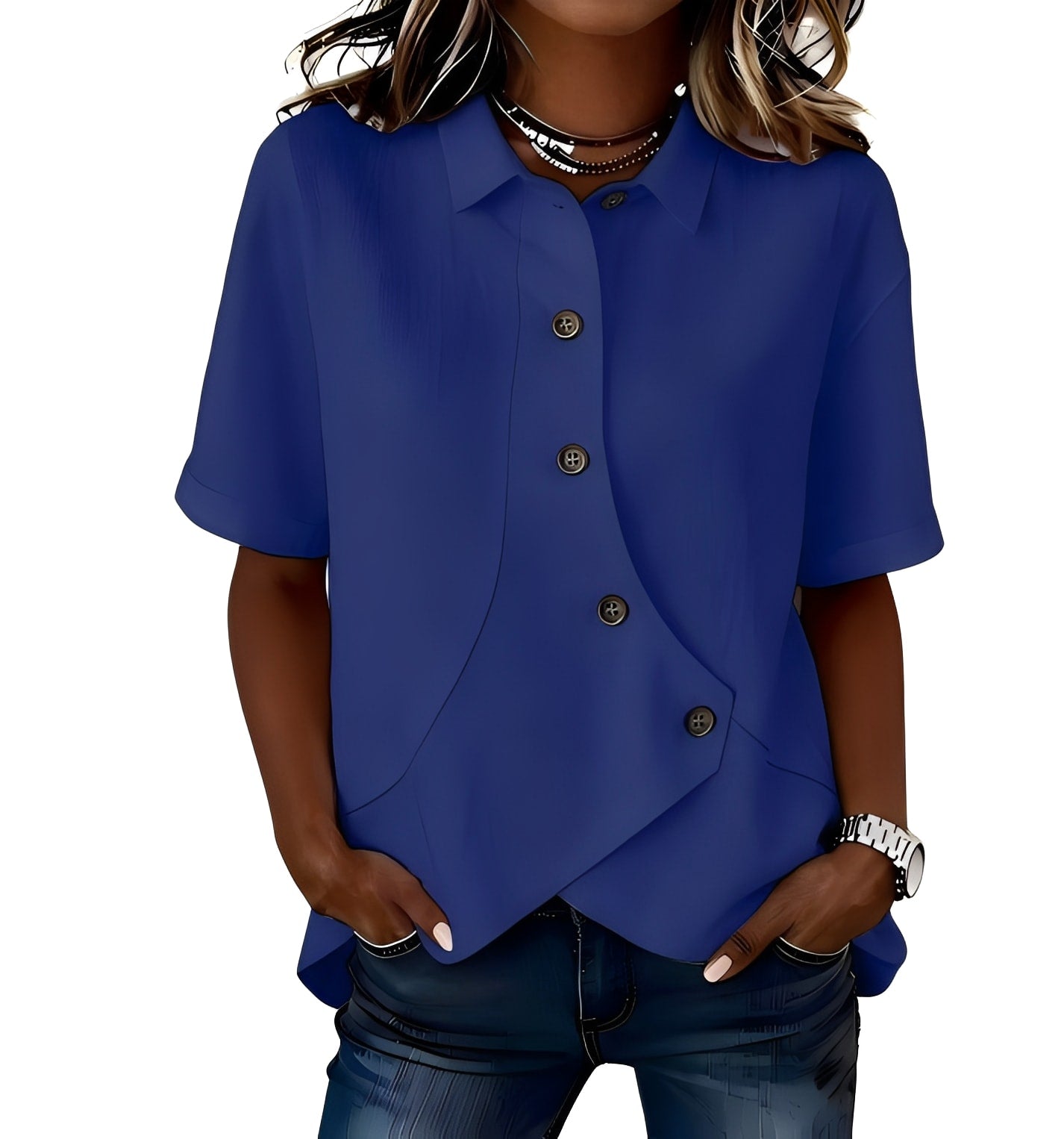 Thabata | Short Sleeve Asymmetrical Button Shirt Blouse